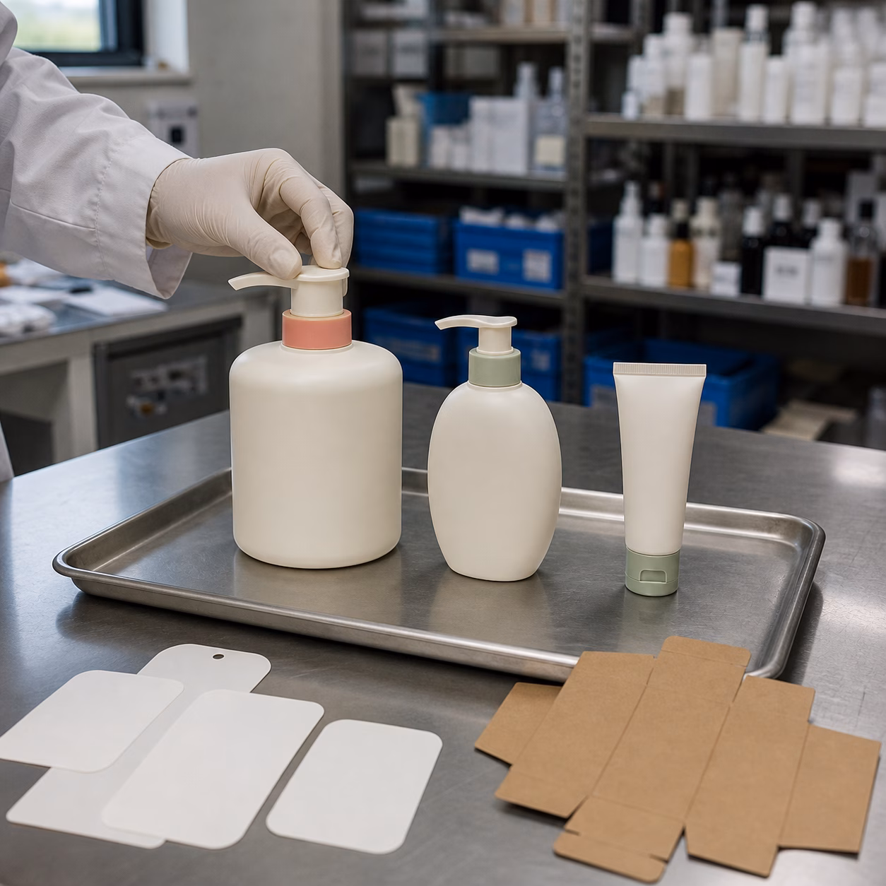 Gloved technician aligns unbranded large, retail and travel body lotion packaging samples with blank labels and carton board