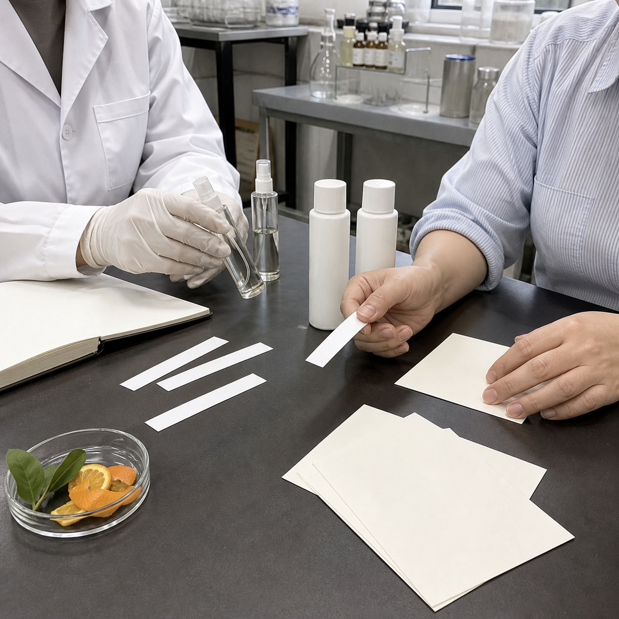 Factory team reviewing unlabeled body mist samples and scent brief cards