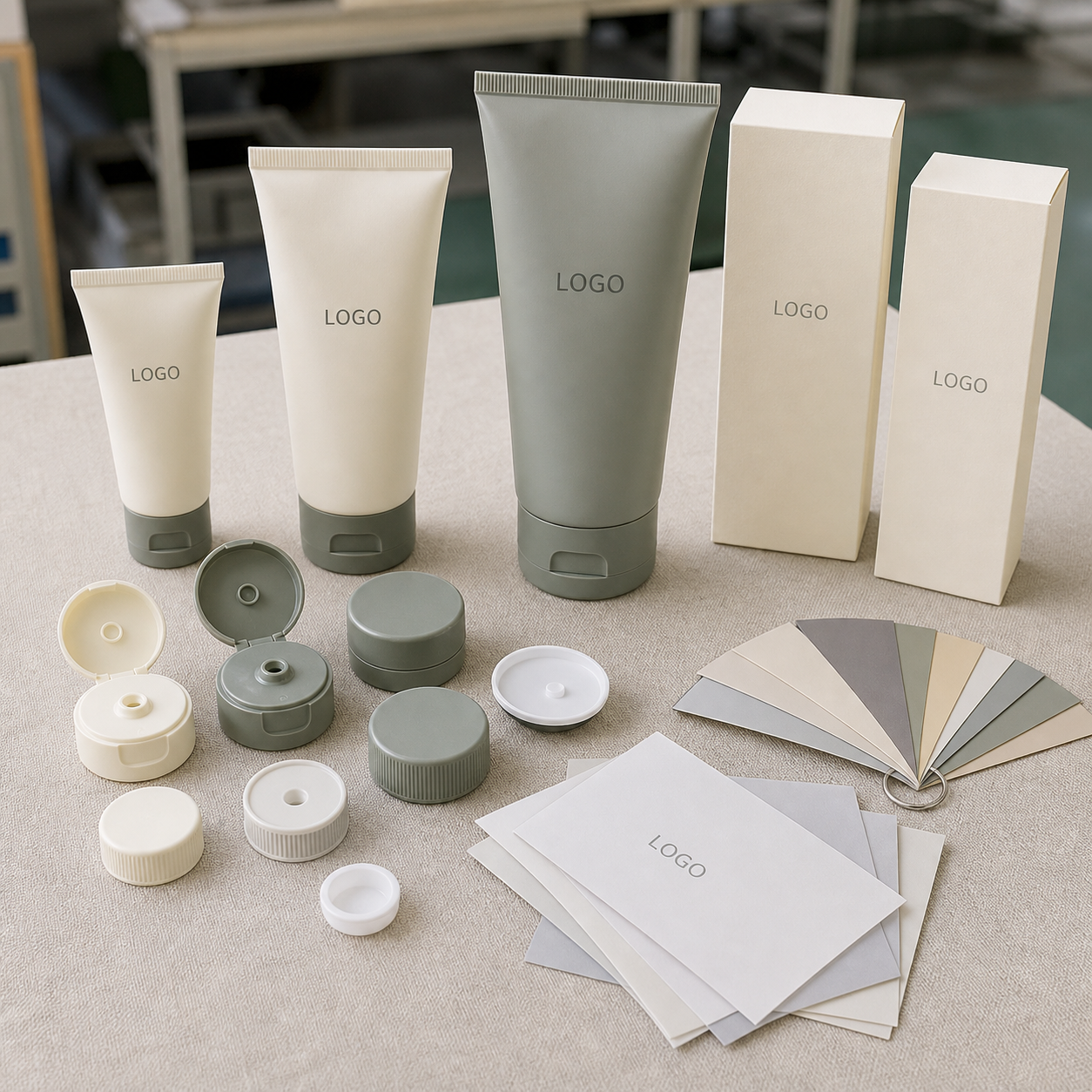 Custom hand cream soft-tube sizes caps labels and cartons arranged for packaging review