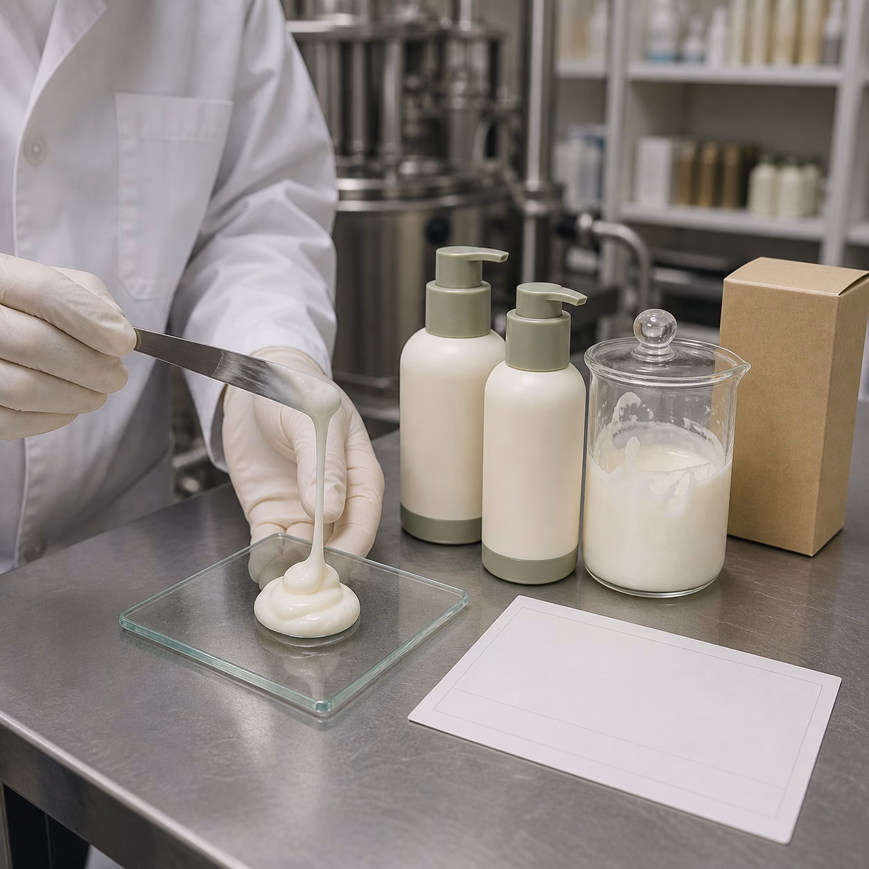 Cosmetic factory technician checks body lotion texture beside unbranded pump samples, a plain carton and a blank batch card