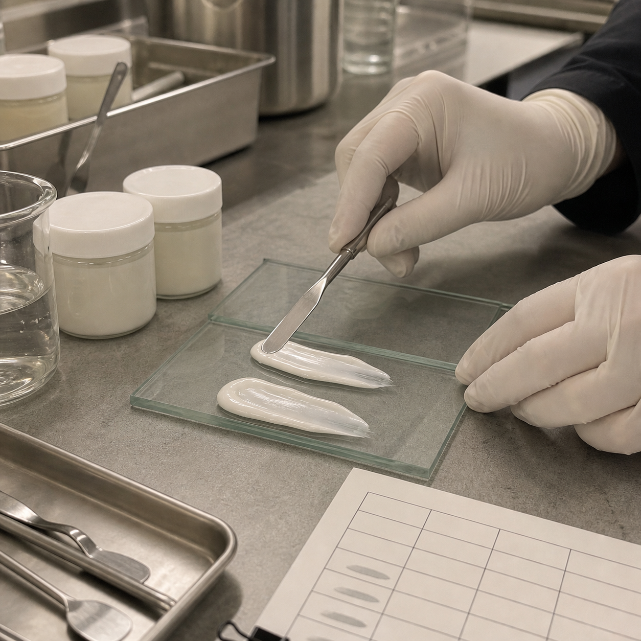 Gloved technician comparing fragrance-free hand cream textures on glass tiles