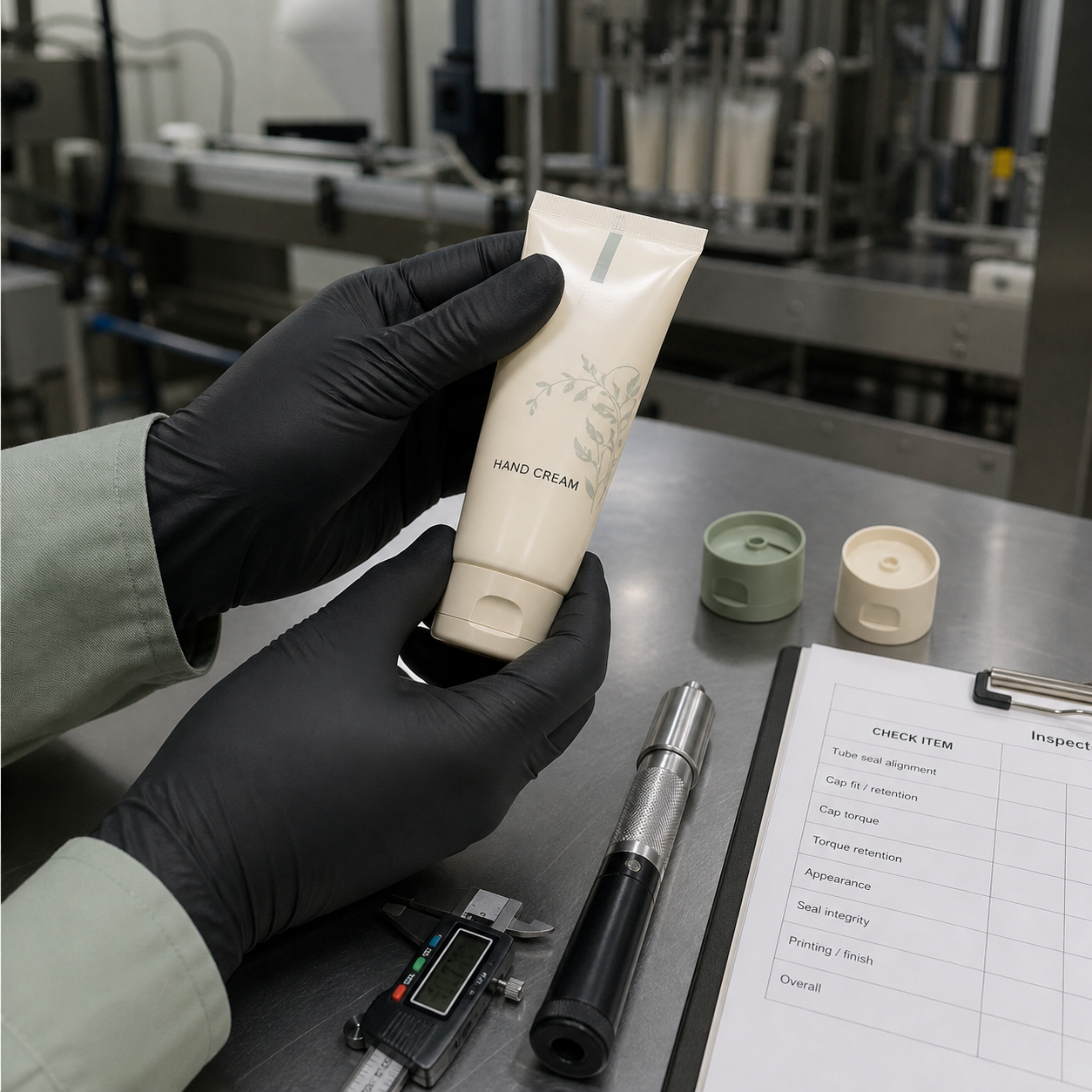 Cosmetics factory QC review of hand cream tube seal cap fit and packaging components