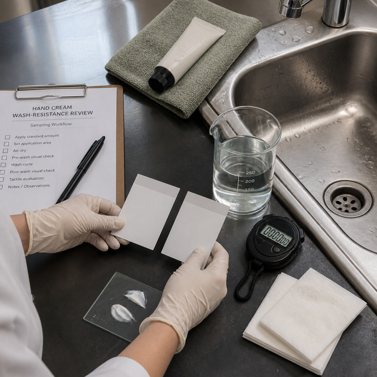 Hand cream wash-resistance sampling workflow with water beaker timer and observation cards