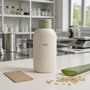 LOGO shampoo sample with aloe and oat directions on a cosmetics factory evaluation table