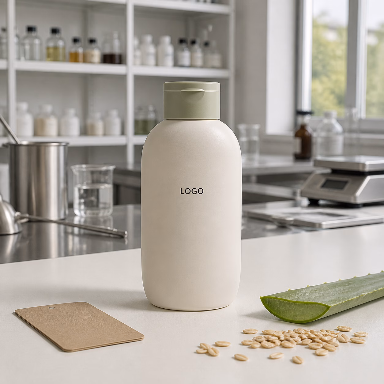 LOGO shampoo sample with aloe and oat directions on a cosmetics factory evaluation table