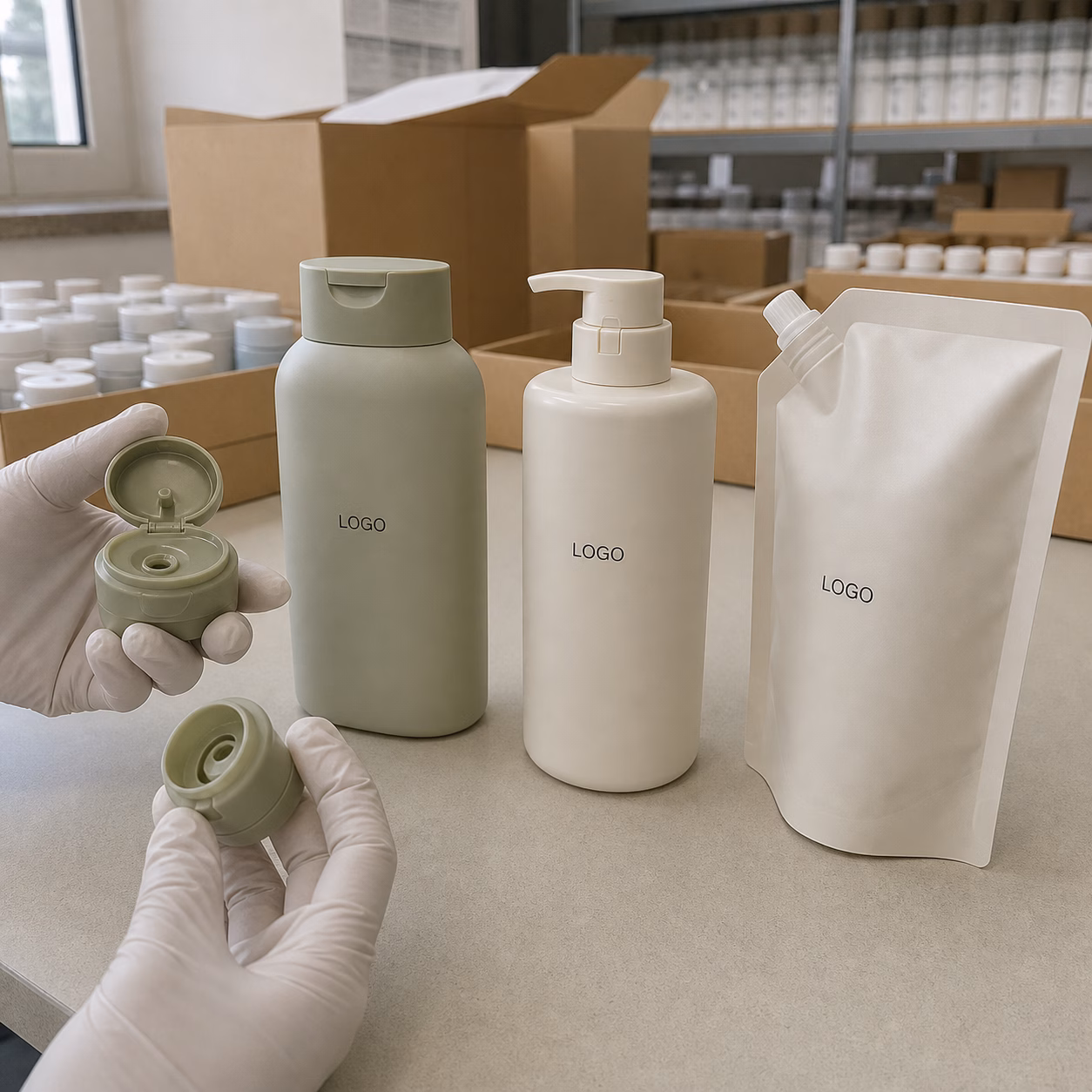 Flip-top bottle pump bottle and refill pouch options for a private label shampoo