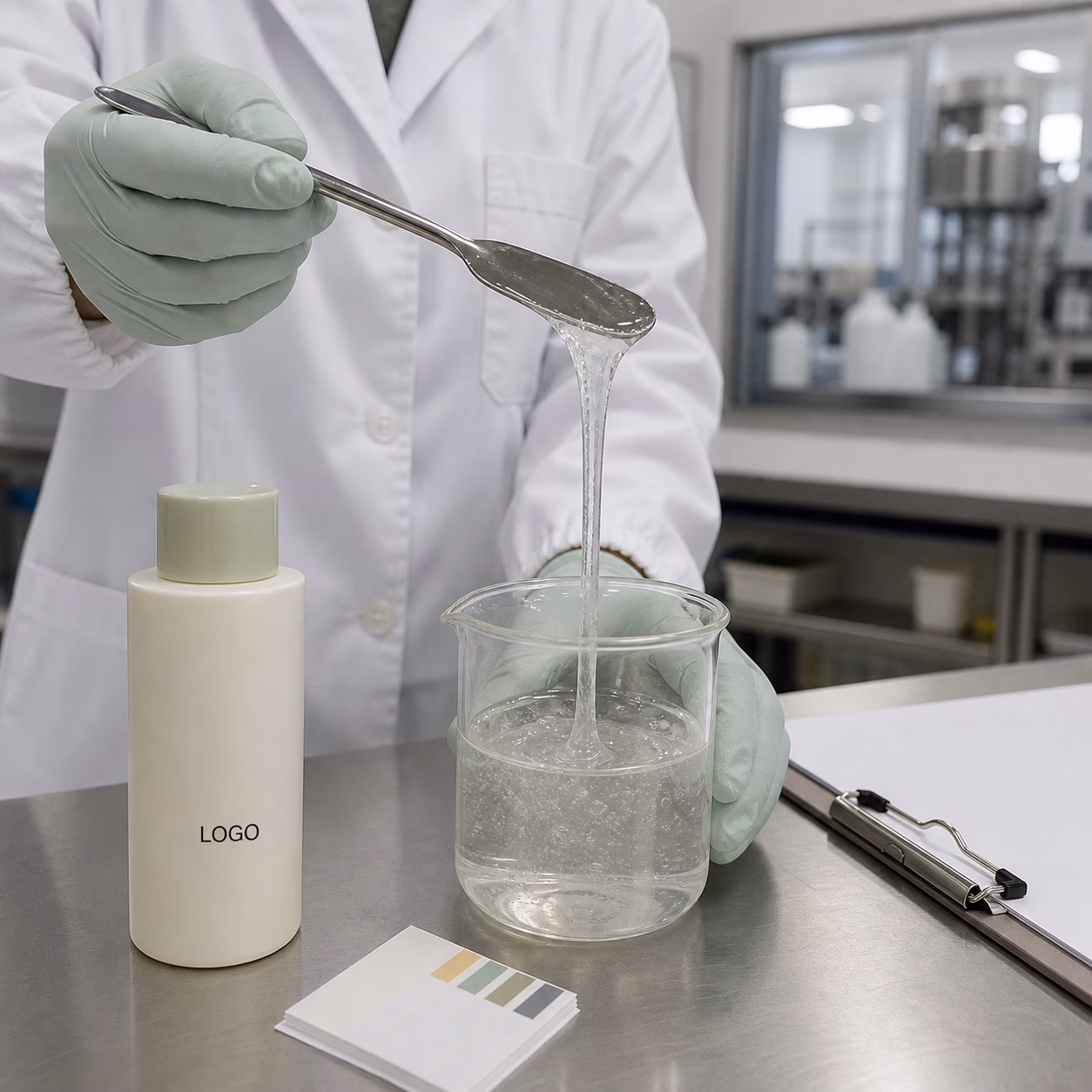 Gloved GUOCUI sample technician reviews shampoo viscosity and package readiness