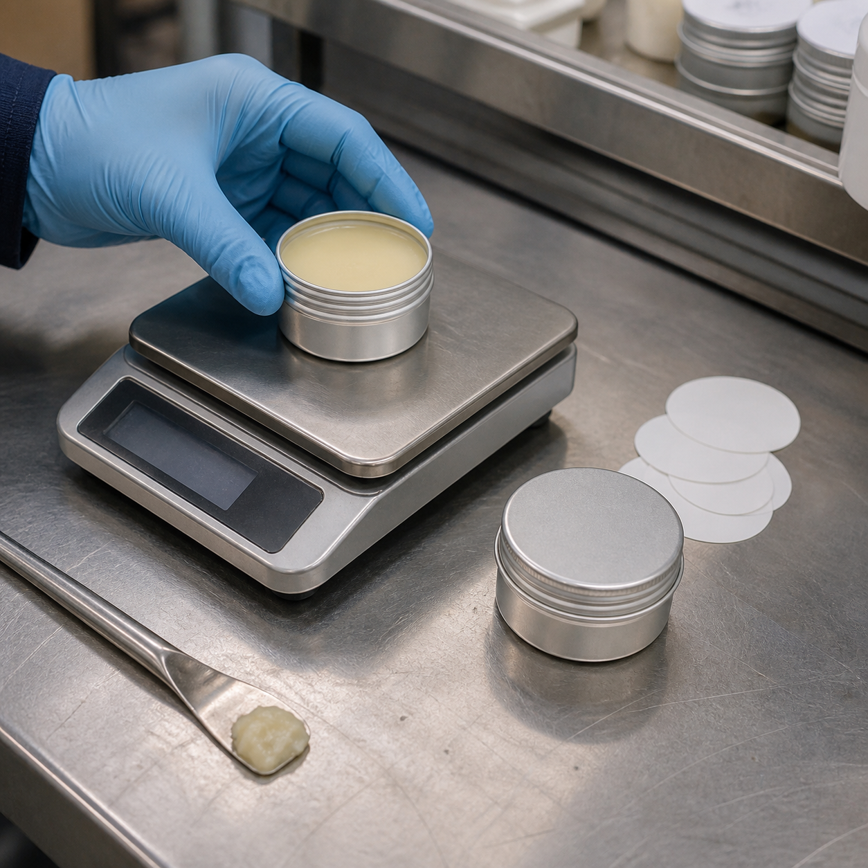 Gloved cosmetics sample technician checks beard balm fill weight texture and blank label proofs