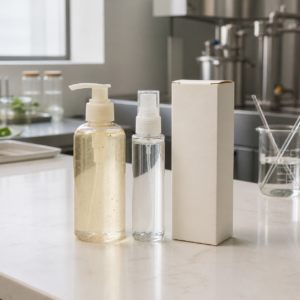 Unbranded body wash pump and body mist spray samples with a blank carton on a cosmetic factory sample table