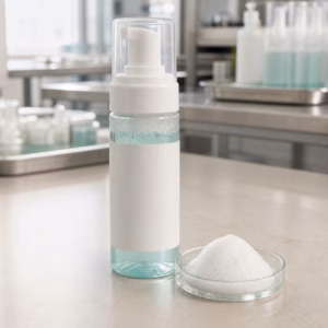 Blank-label airless foamer bottle and fine microfoam sample for a private label bubbling wash-off facial mask