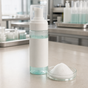 Blank-label airless foamer bottle and fine microfoam sample for a private label bubbling wash-off facial mask
