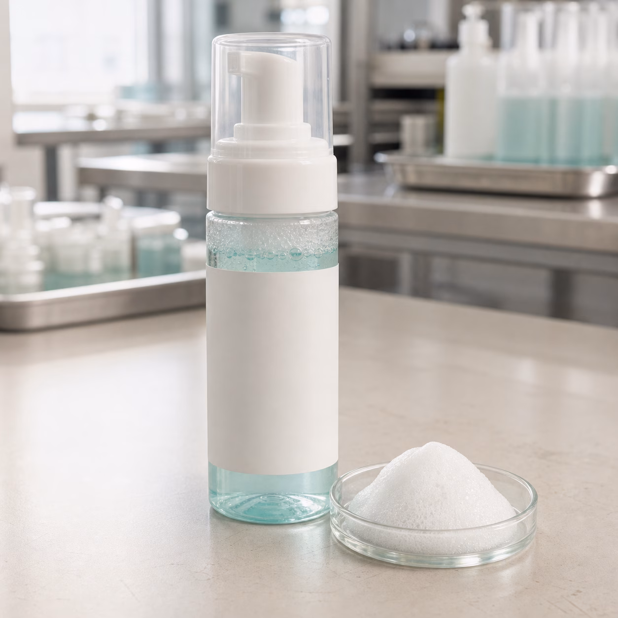 Blank-label airless foamer bottle and fine microfoam sample for a private label bubbling wash-off facial mask