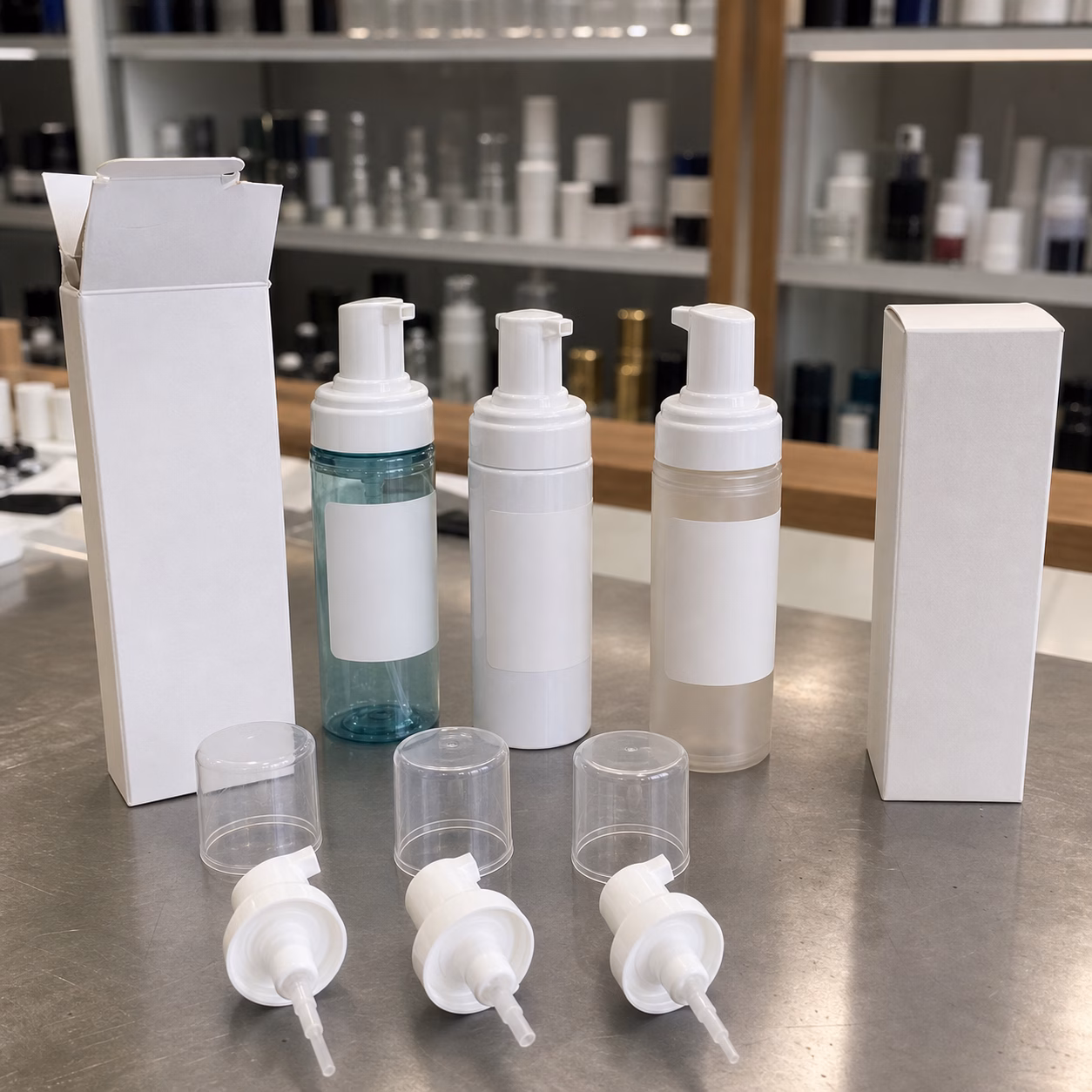 Unbranded airless foamer bottle pump cap label and carton options on a cosmetic packaging sample table