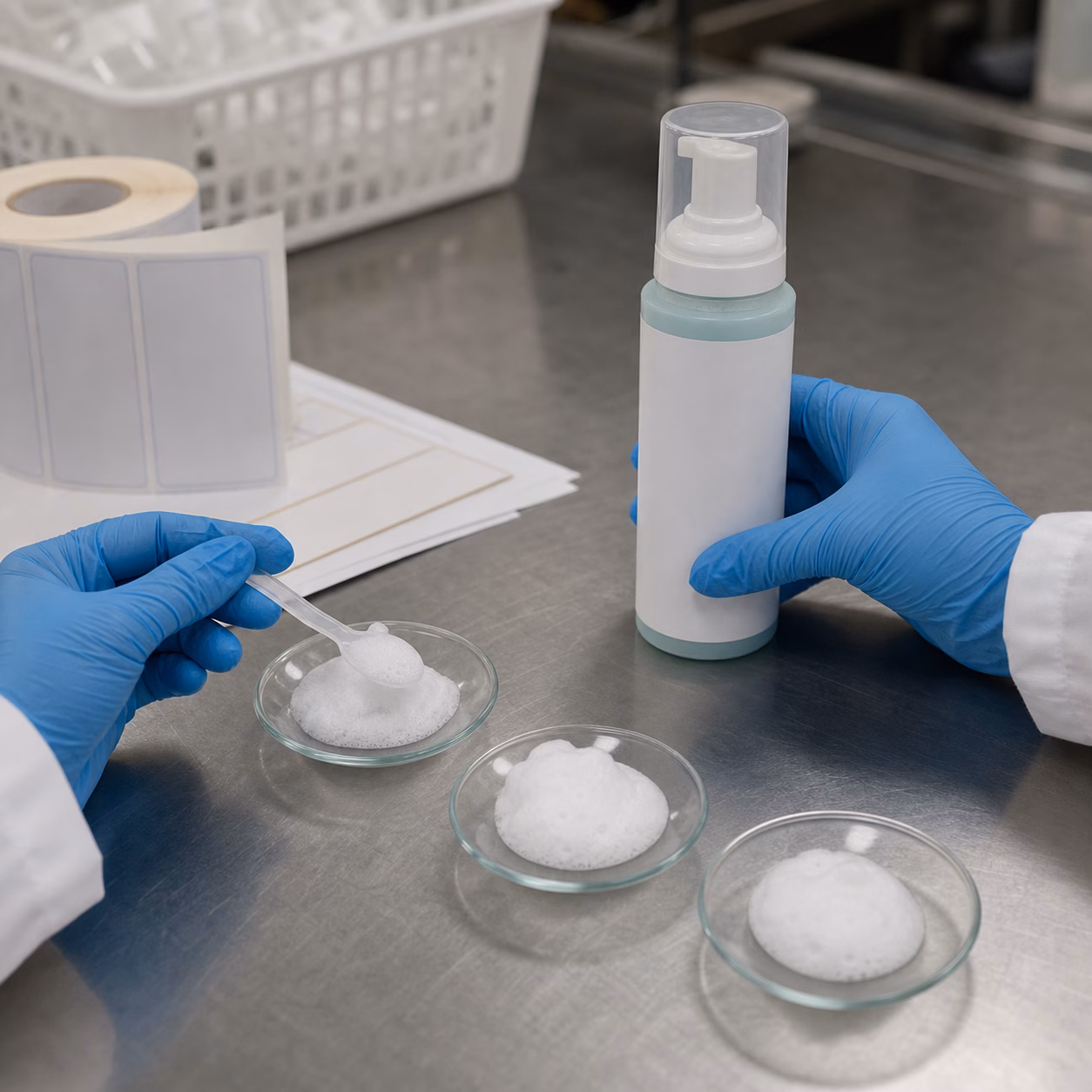 Gloved workers comparing fine foam samples and a blank-label foamer bottle during cosmetic QC review