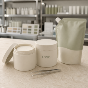 Unbranded LOGO cooling toner pad jar and refill pouch sample on a GUOCUI QC table