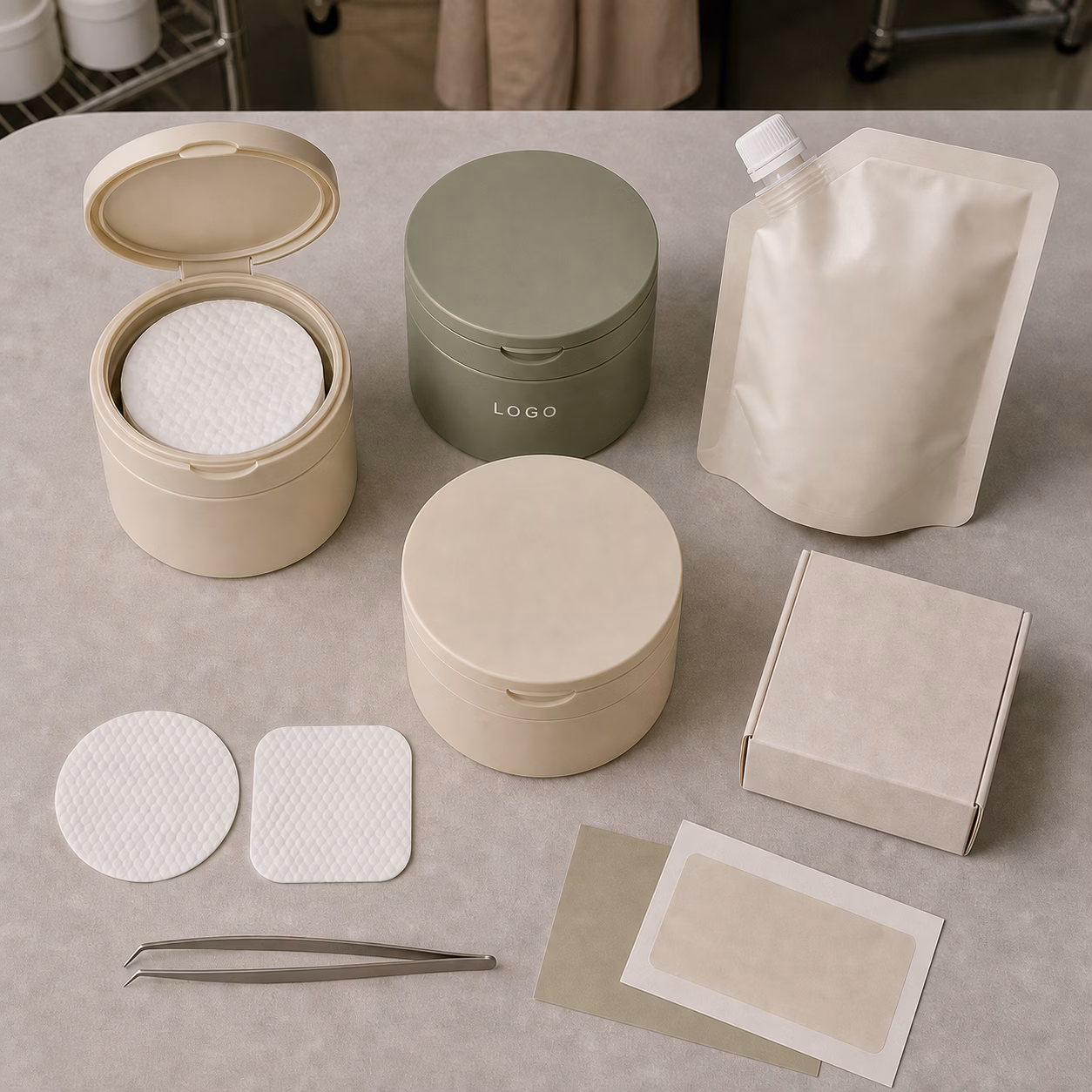 Toner pad jar, refill pouch, pad shape and private label packaging options on a sample table