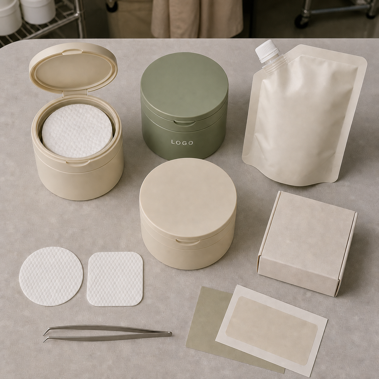 Toner pad jar, refill pouch, pad shape and private label packaging options on a sample table