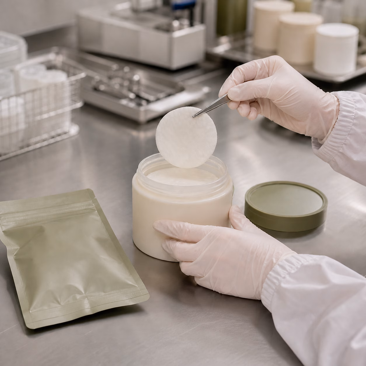Gloved technician checks toner pad saturation beside a refill pouch in a QC workspace