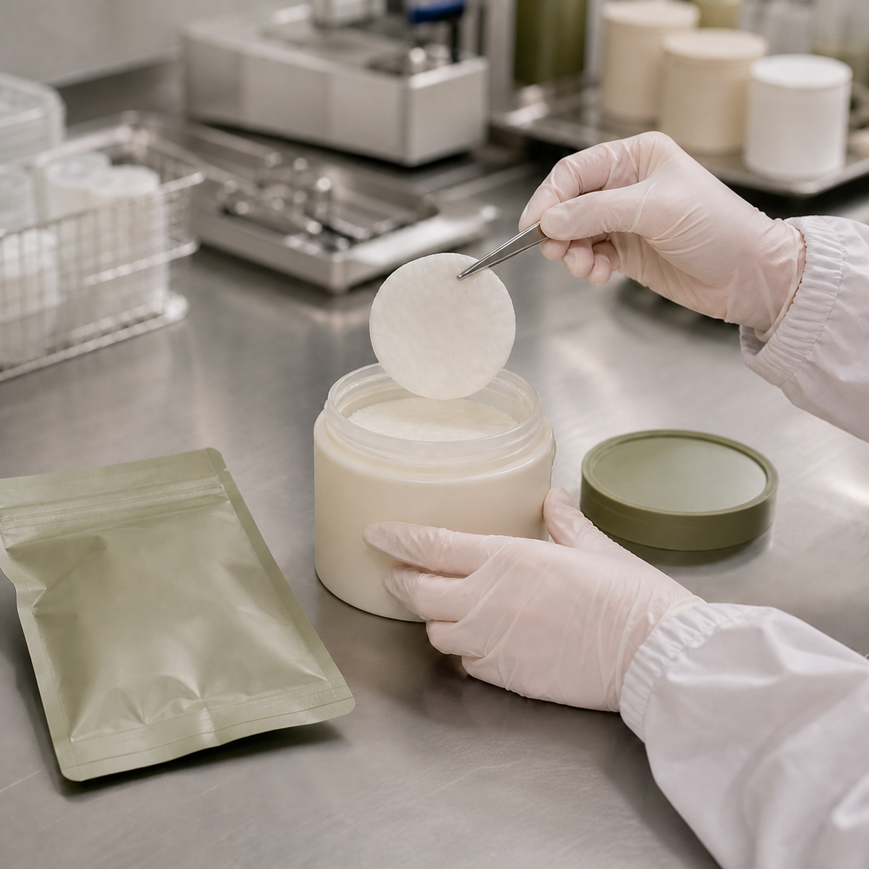 Gloved technician checks toner pad saturation beside a refill pouch in a QC workspace