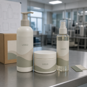 Neutral private label body wash cream and fine mist samples on a GUOCUI factory sample table