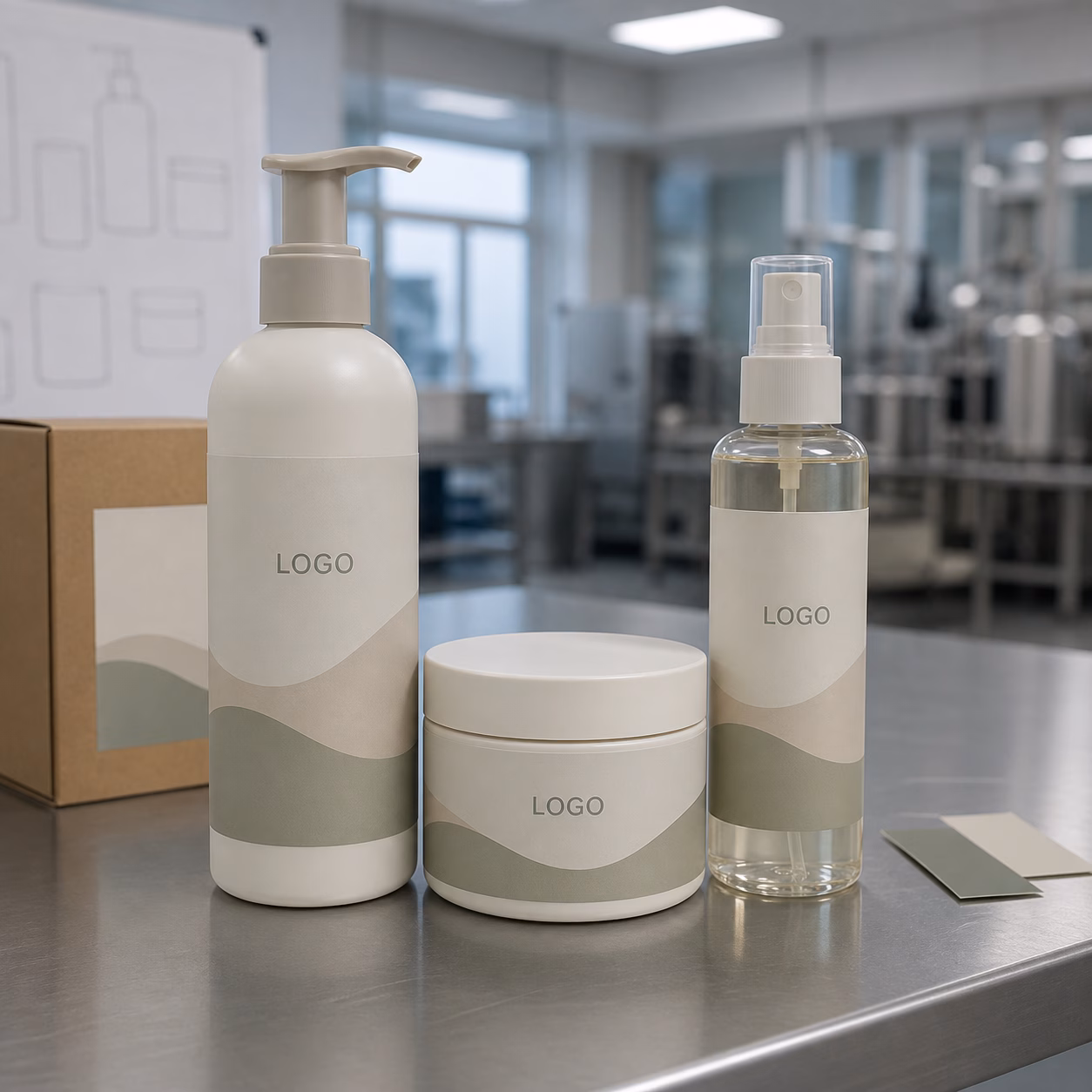 AI-generated development illustration of an unbranded body wash, cream and mist sample family on a worktable