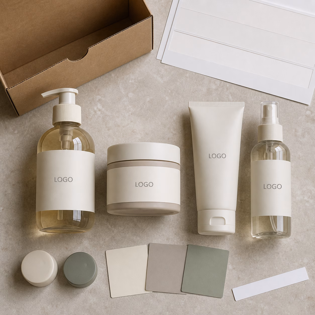 AI-generated development illustration of blank body wash, cream and mist packaging options
