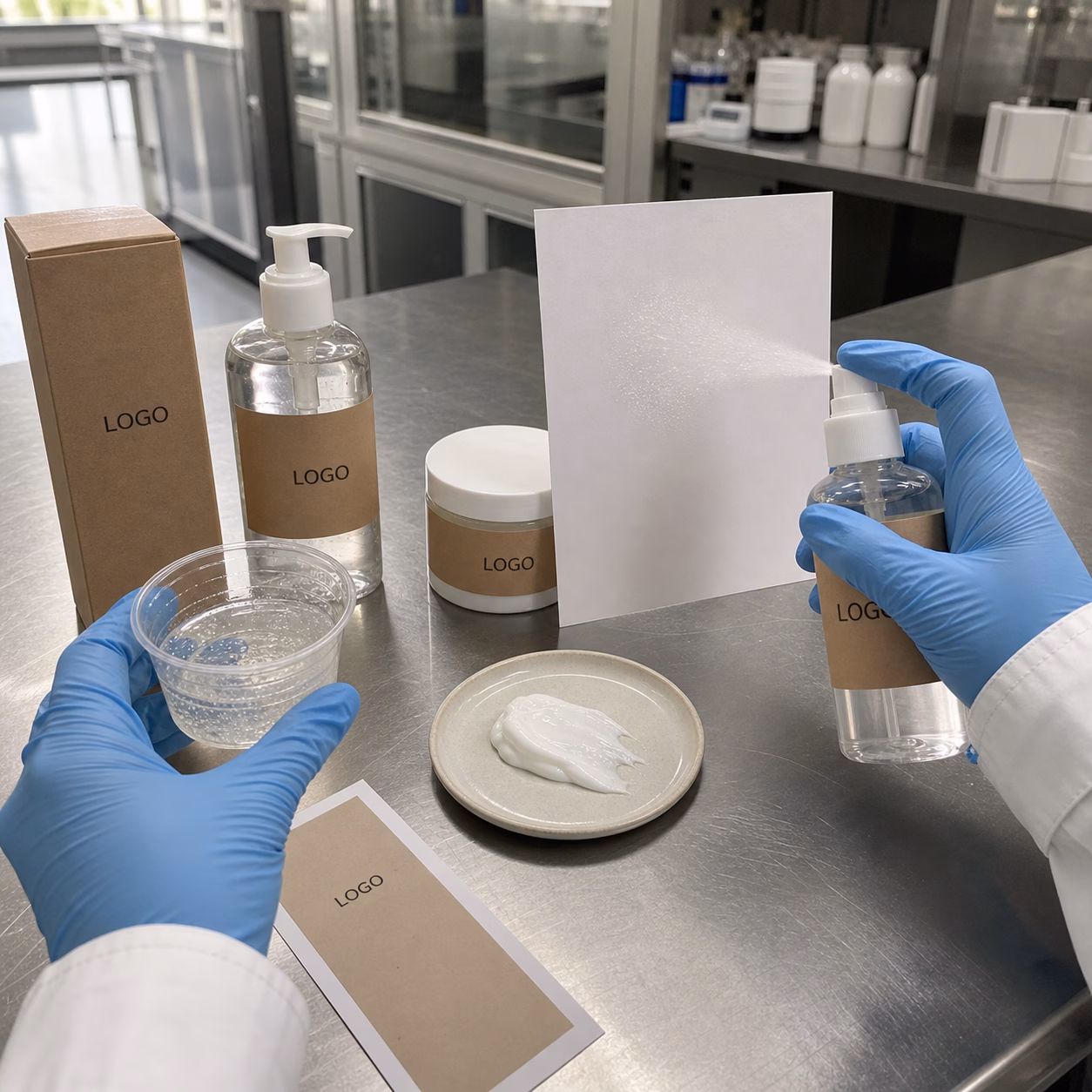 AI-generated development illustration of gloved hands reviewing an unbranded body-care sample and carton