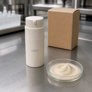 Unbranded cushion-texture cream serum airless sample and formula dish on a cosmetic factory table