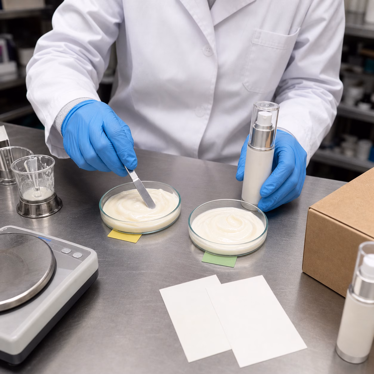 Gloved cosmetic factory technician comparing two cream serum textures and an airless sample pack