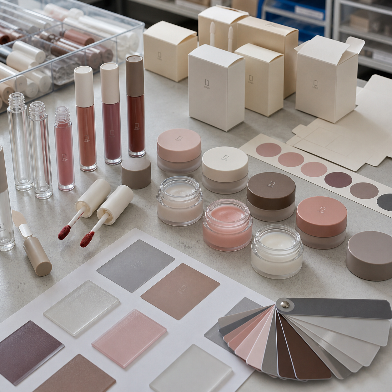 Lip glaze tubes, small lip mask jars, blank cartons and material swatches arranged for a private label packaging review