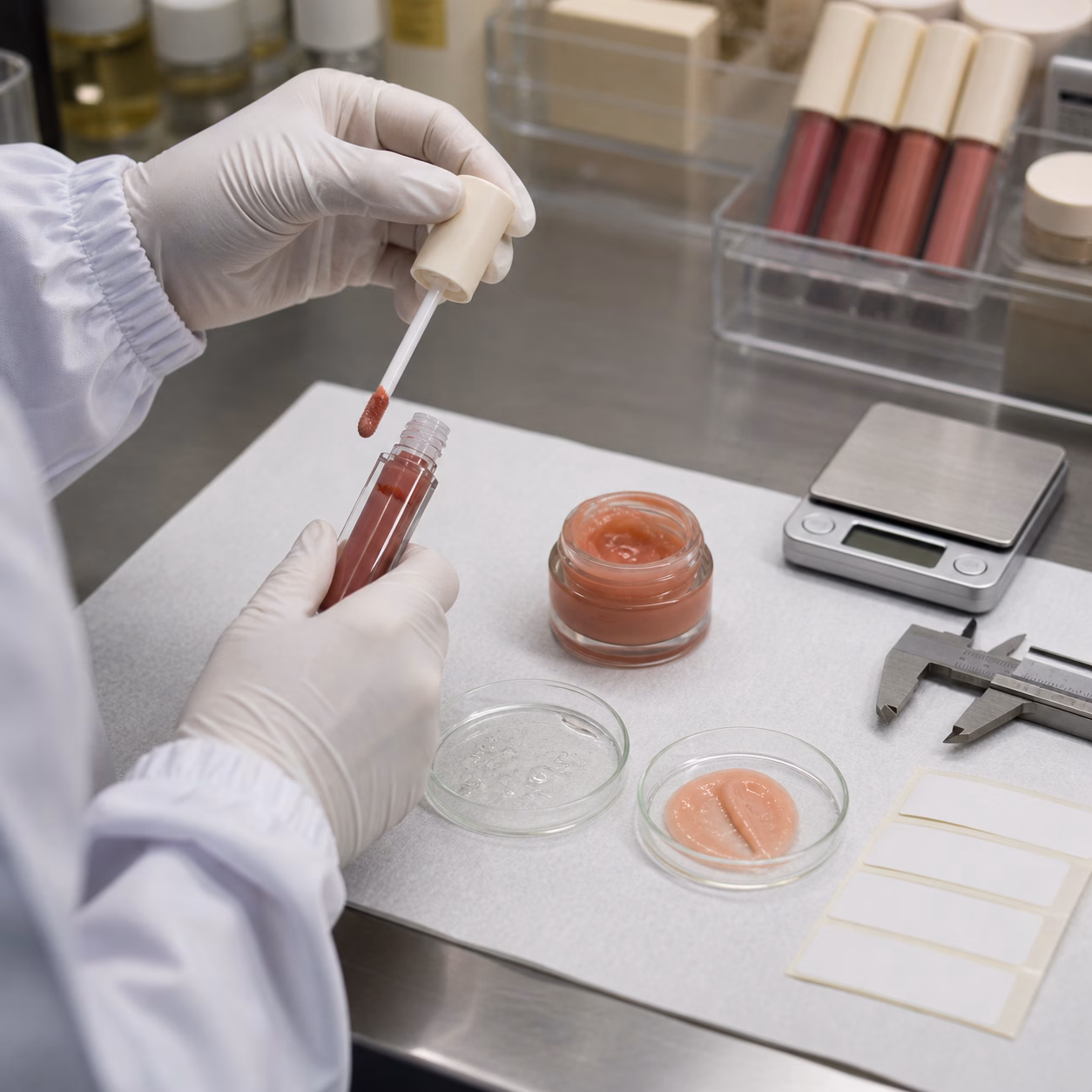 Gloved factory technician checking a lip glaze wand beside a lip mask jar, texture dishes and QC tools