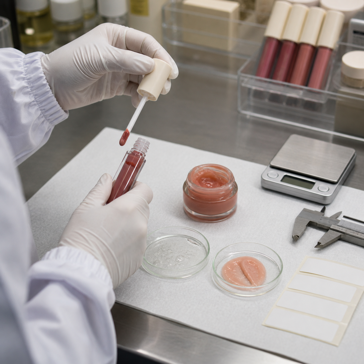 Gloved factory technician checking a lip glaze wand beside a lip mask jar, texture dishes and QC tools