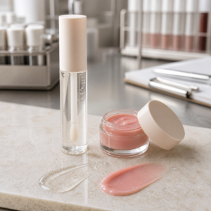 Unbranded clear day lip glaze tube and overnight lip mask jar on a cosmetics factory sample table