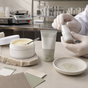 GUOCUI factory sample table reviewing a blank cleansing balm jar and gel cleanser package