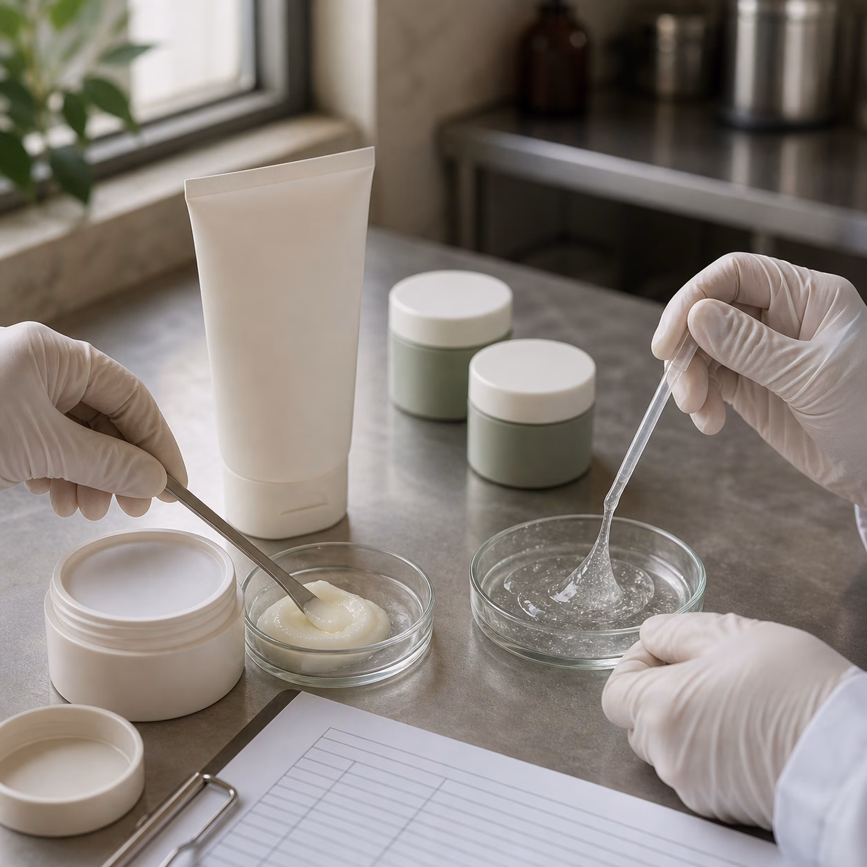 GUOCUI technicians comparing cleansing balm and low-foam gel textures during sample QC