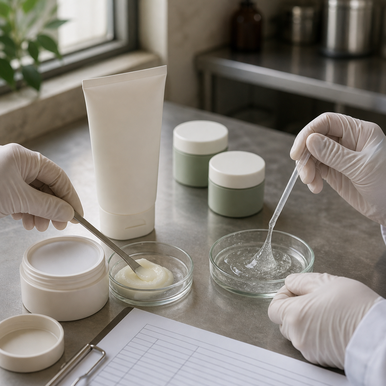 GUOCUI technicians comparing cleansing balm and low-foam gel textures during sample QC