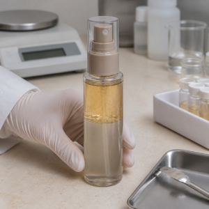 Gloved cosmetic technician holds an unbranded dual-phase facial micro-mist sample on a development table