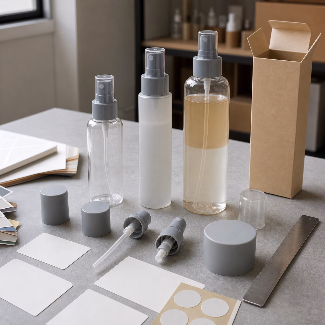 AI illustration of clear and frosted bottles, mechanical sprayers, caps, cartons, and blank label options for a dual-phase facial mist
