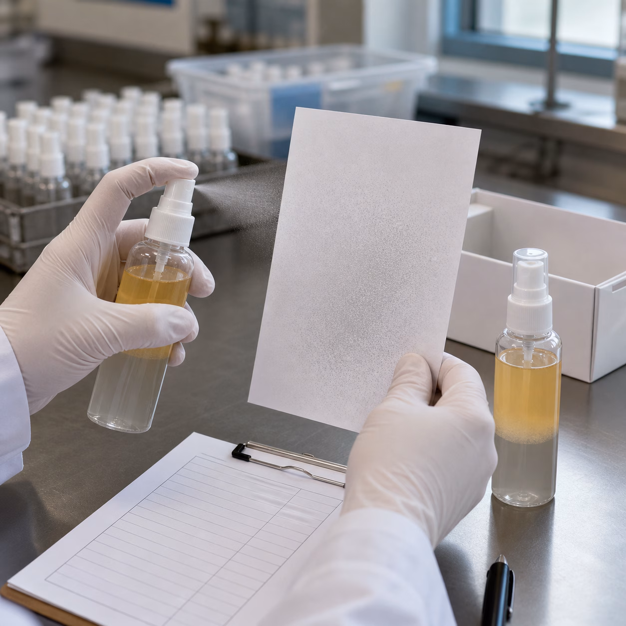 AI illustration of a gloved sample-review session checking spray coverage and phase separation for a dual-phase facial micro-mist
