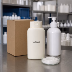 Private label e-commerce body lotion bottles and carton on a GUOCUI factory sample table