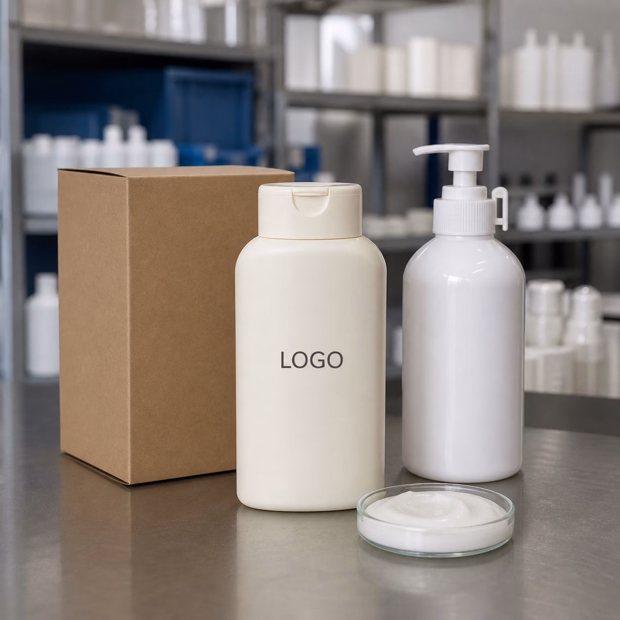 Private label e-commerce body lotion bottles and carton on a GUOCUI factory sample table