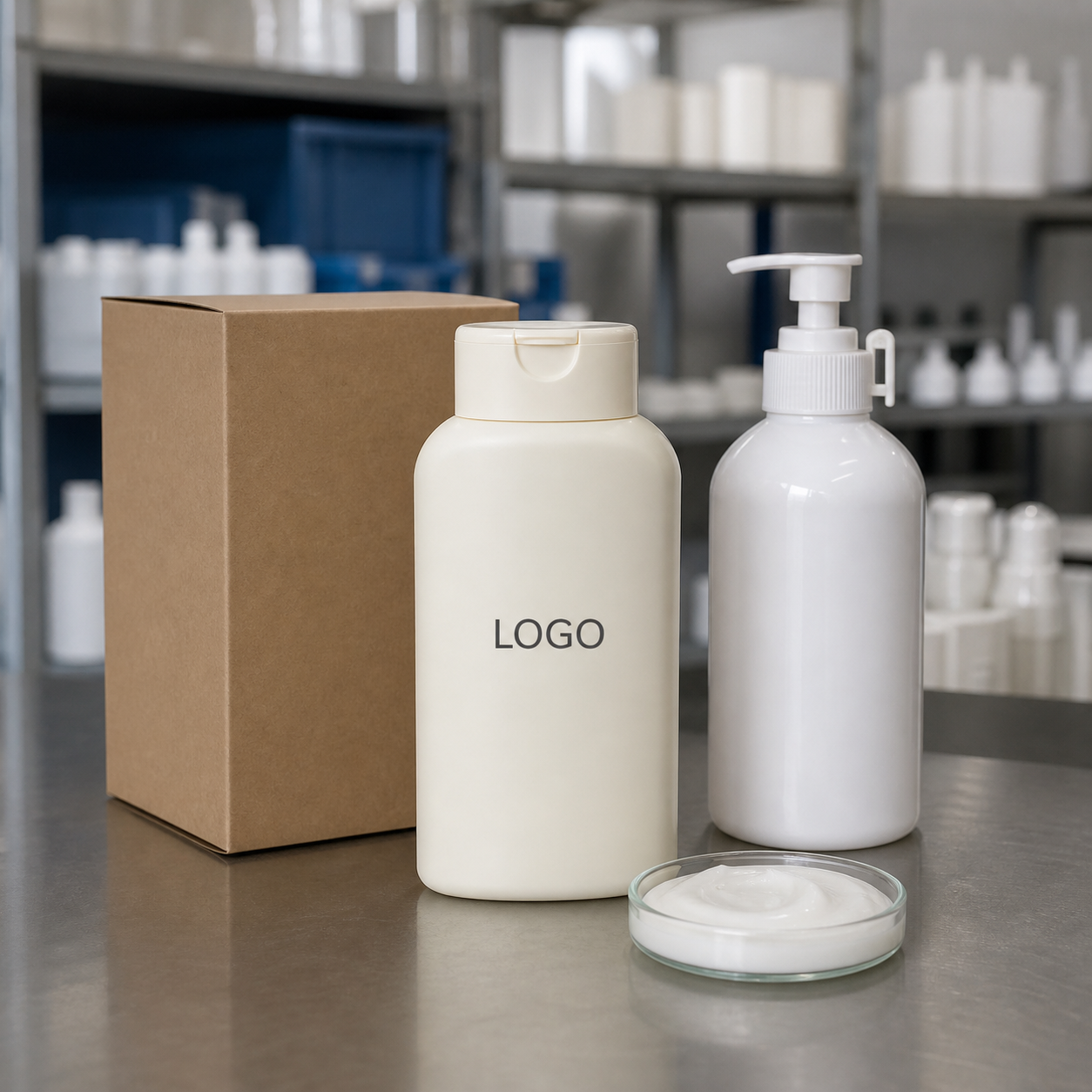 Private label e-commerce body lotion bottles and carton on a GUOCUI factory sample table