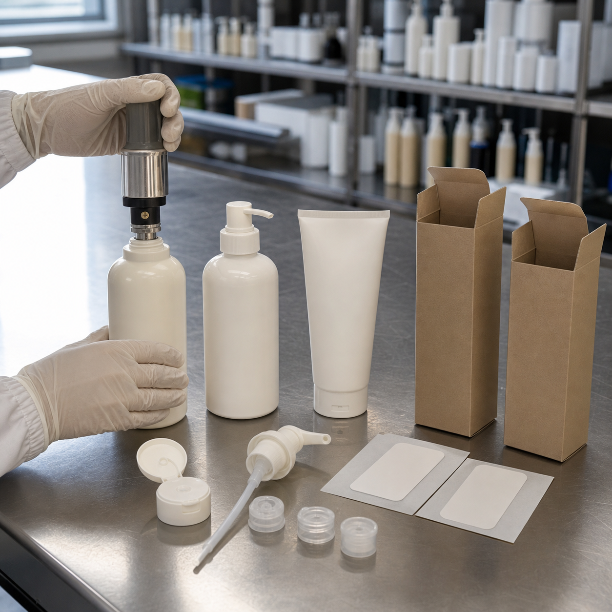 Body lotion pump, flip-top and tube packaging options reviewed on a factory QC bench