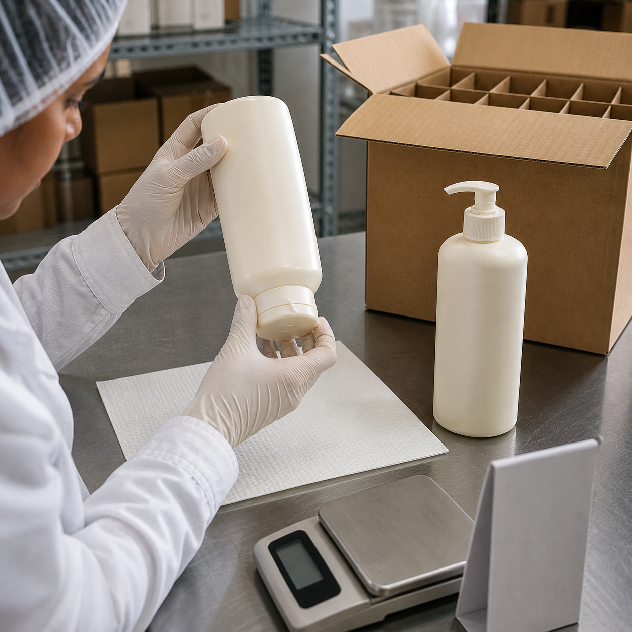 GUOCUI technician checks an inverted body lotion bottle beside a pump pack and shipping carton