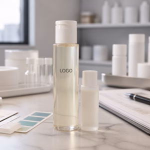 Private label elastic-feel essence toner sample bottles on a GUOCUI factory sample table