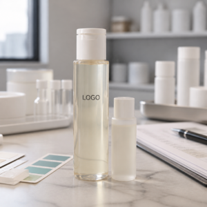 Private label elastic-feel essence toner sample bottles on a GUOCUI factory sample table