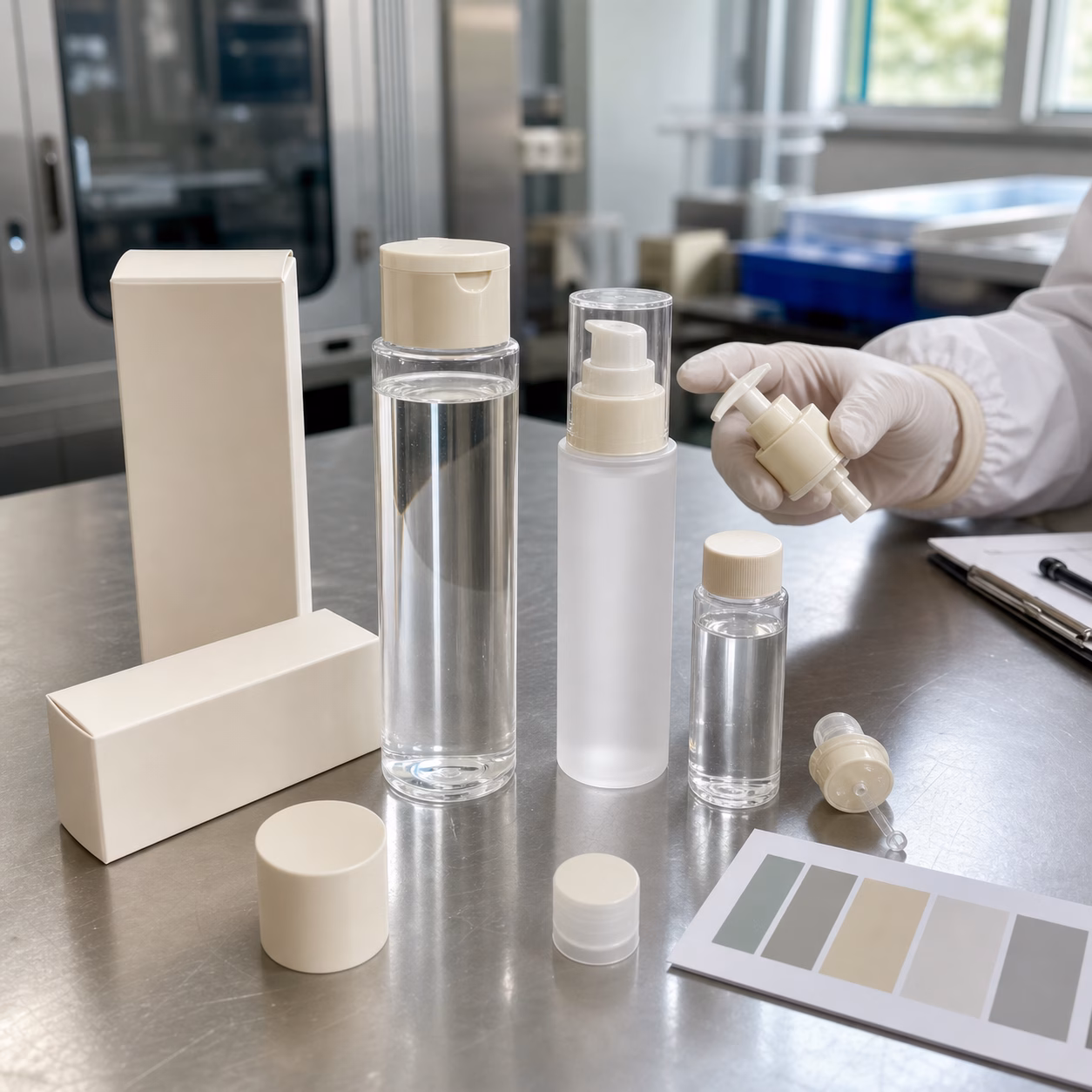 Elastic-feel essence toner packaging options and pump components reviewed on a factory QC bench