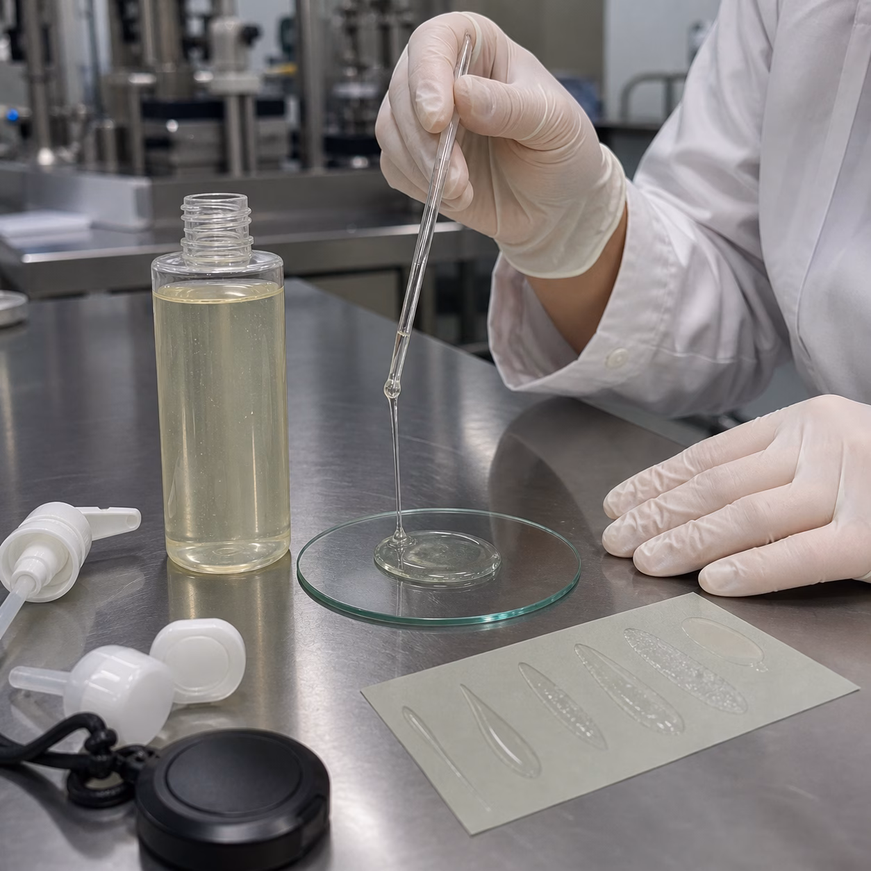 GUOCUI technician checks elastic-feel essence toner viscosity and dispensing on a QC bench