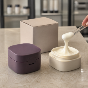 Muted plum outer jar oat ivory refill cup and elastic feel cream texture on a cosmetics sample table