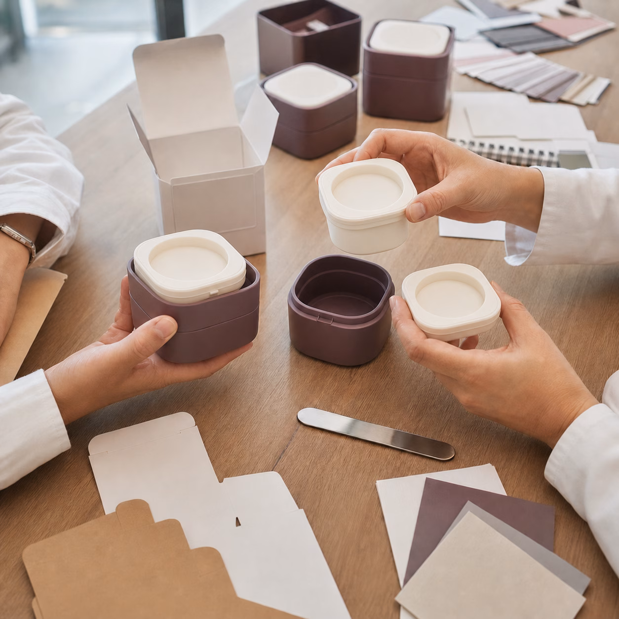 Packaging team compares muted plum outer jars oat ivory refill inserts cartons and material swatches